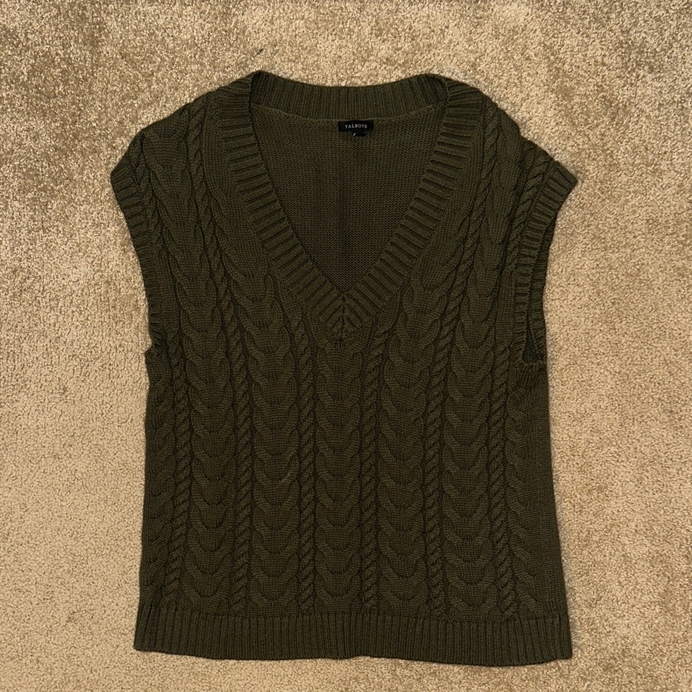 Talbots Dark Green V-Neck Cable Knit Sweater